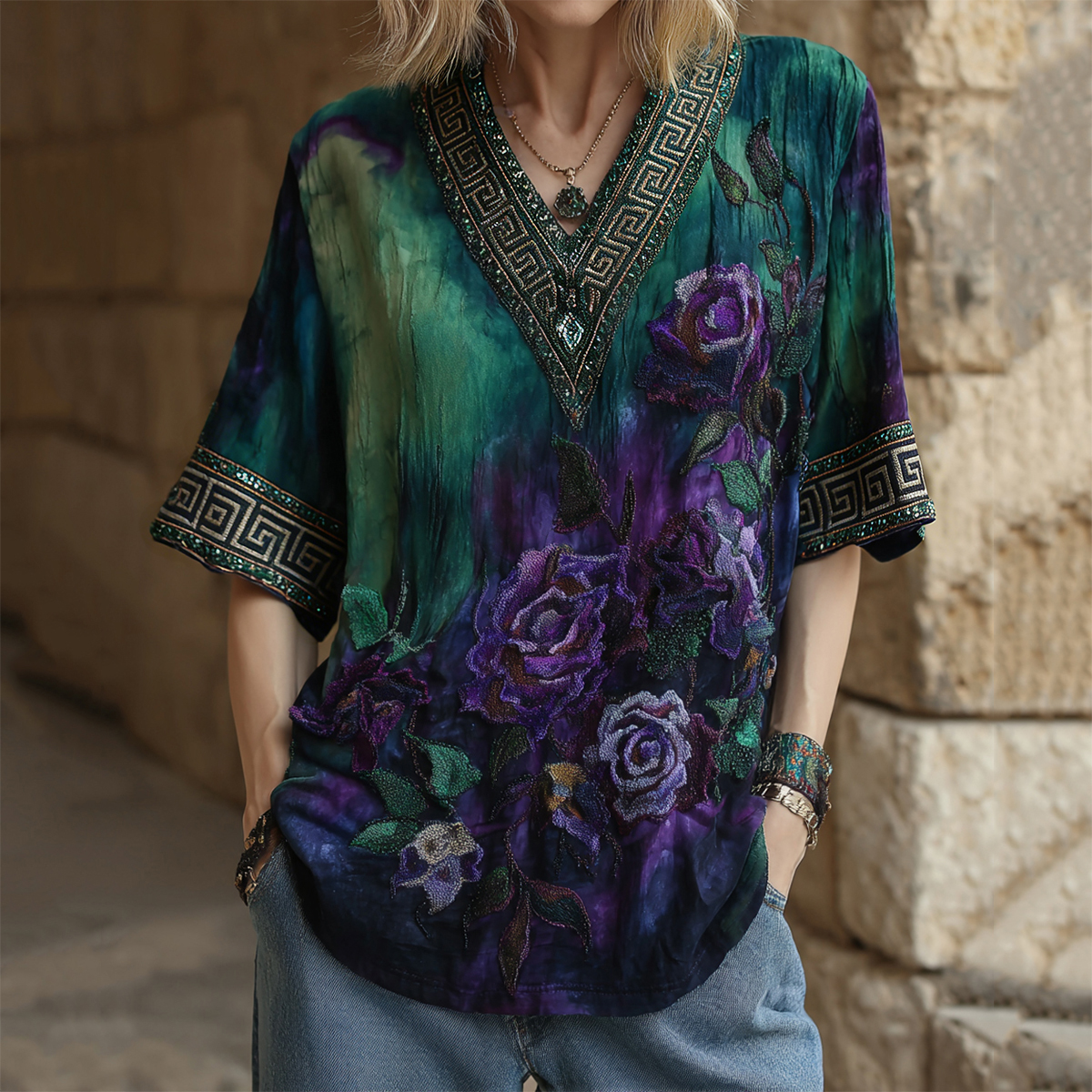 Women's Vintage Purple Rose Gradient V Neck T-shirt elevenforest