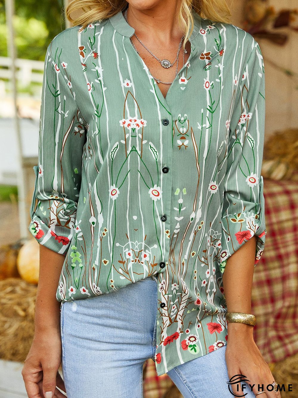 Stand Collar Floral Printed Long Sleeve Blouse | IFYHOME