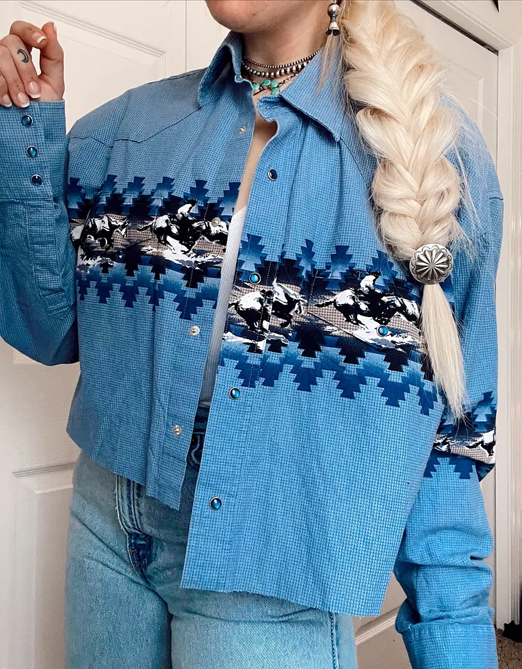 Blue Vintage Western Print Cropped Button Down Shirt