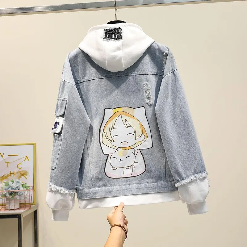 Fake Two-piece Hooded Denim Jacket Women Korean Loose Wild 2021 Autumn Winter New Chaqueta Mujer Hole Patch