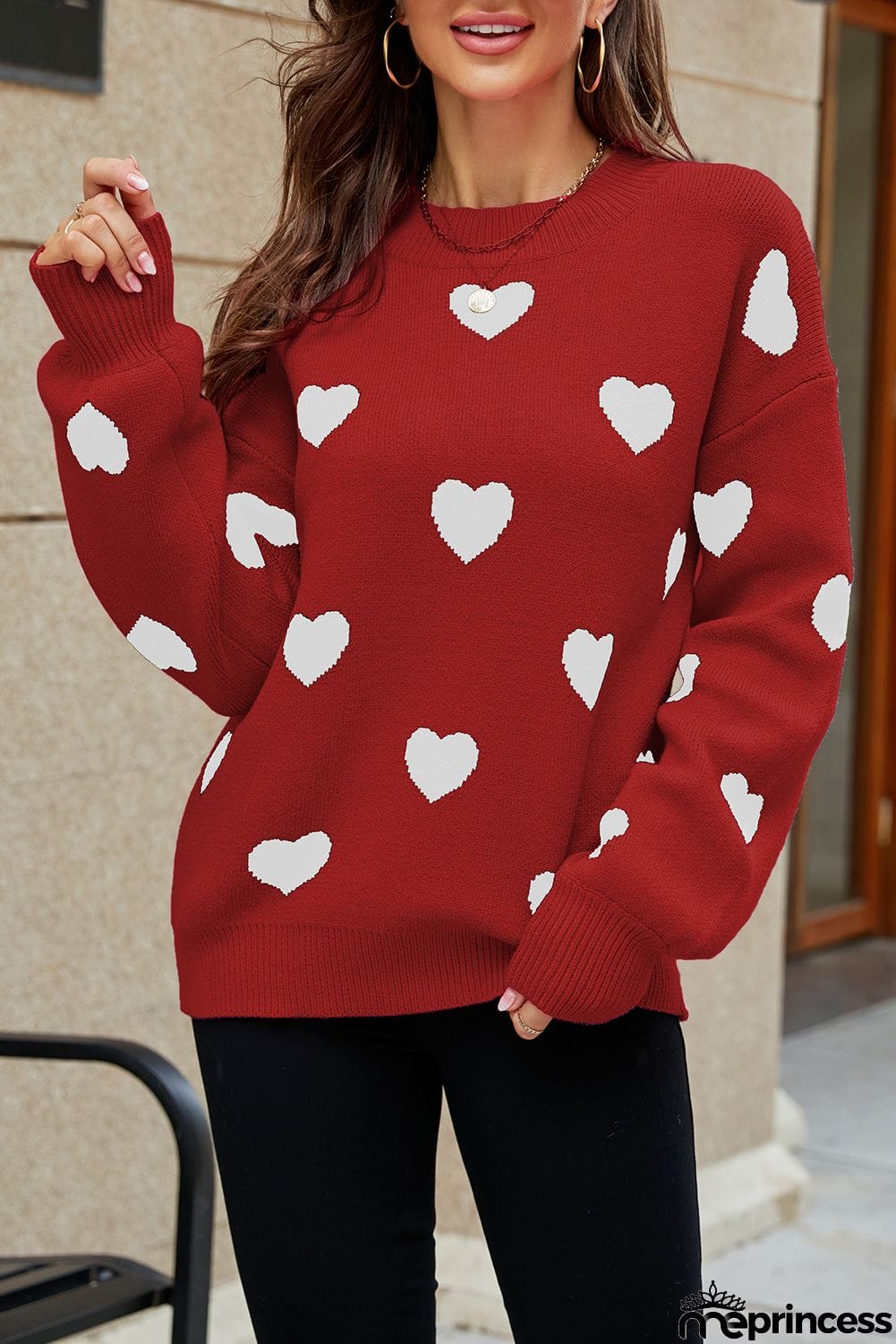 Heart Pattern Ribbed Trim Knit Sweater