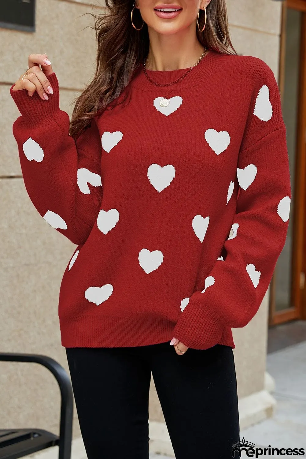 Heart Pattern Ribbed Trim Knit Sweater