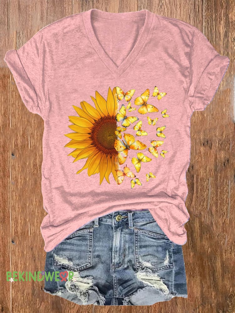 Sunflower Butterfly Print Casual V-Neck Short Sleeve T-Shirt Pink / S