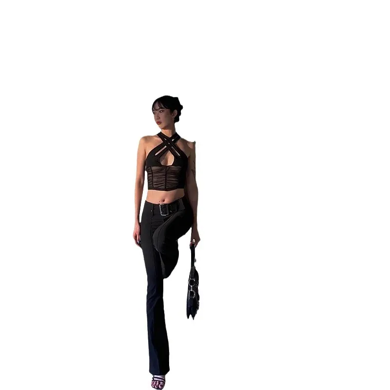 Churchf Churchf Summer Fashion Trend Women's New Style Hanging Neck Back Hollow Out Slim Mesh Gauze Bottom Small Vest