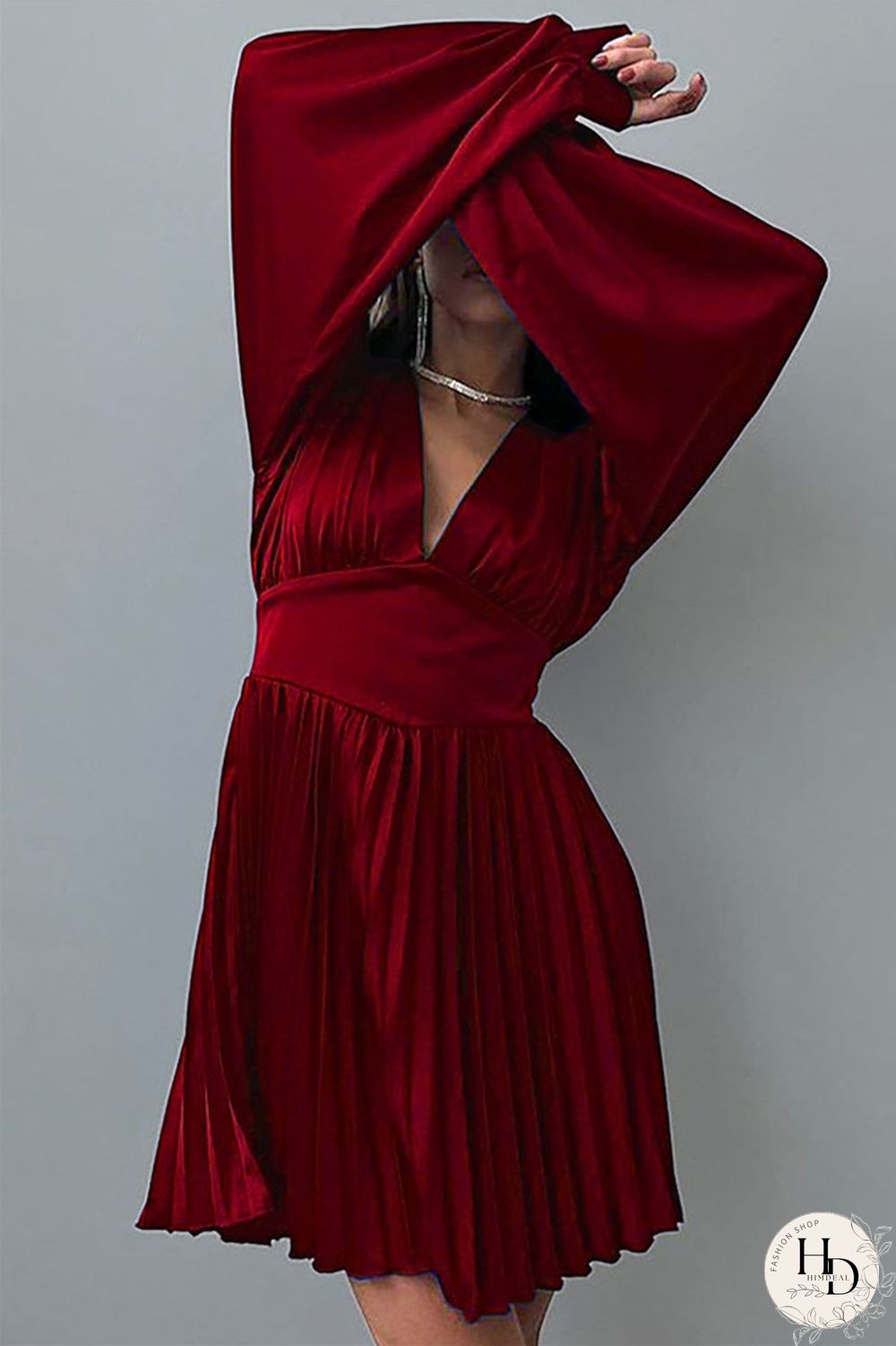 Burgundy Casual Solid Patchwork Fold V Neck Pleated Dresses