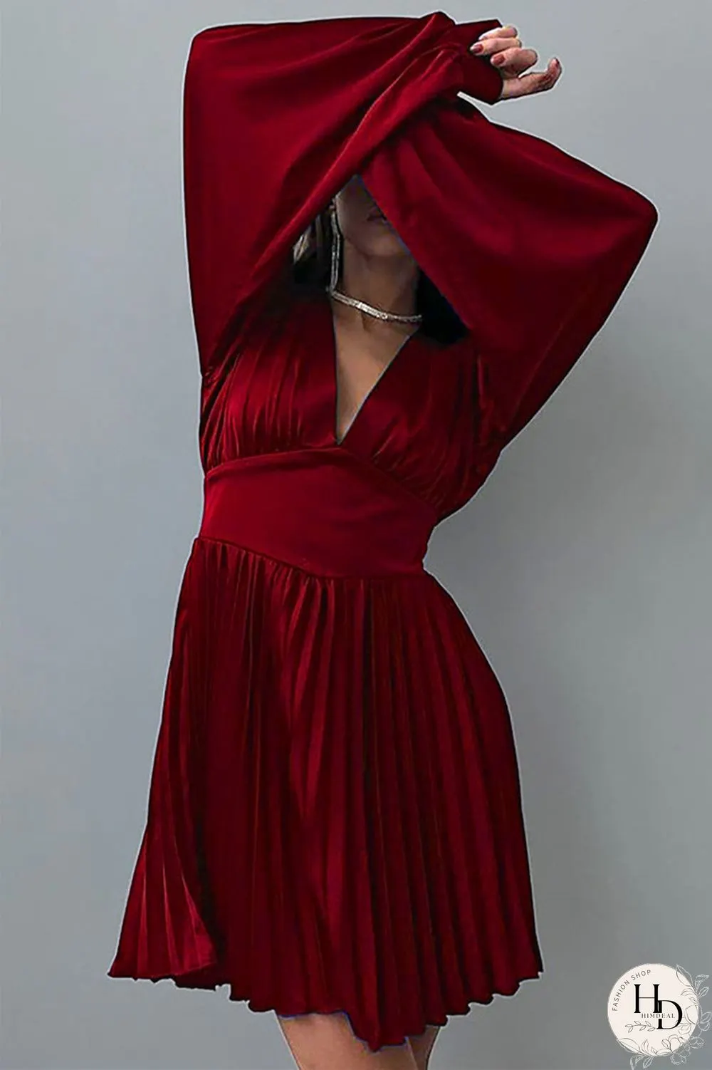 Burgundy Casual Solid Patchwork Fold V Neck Pleated Dresses