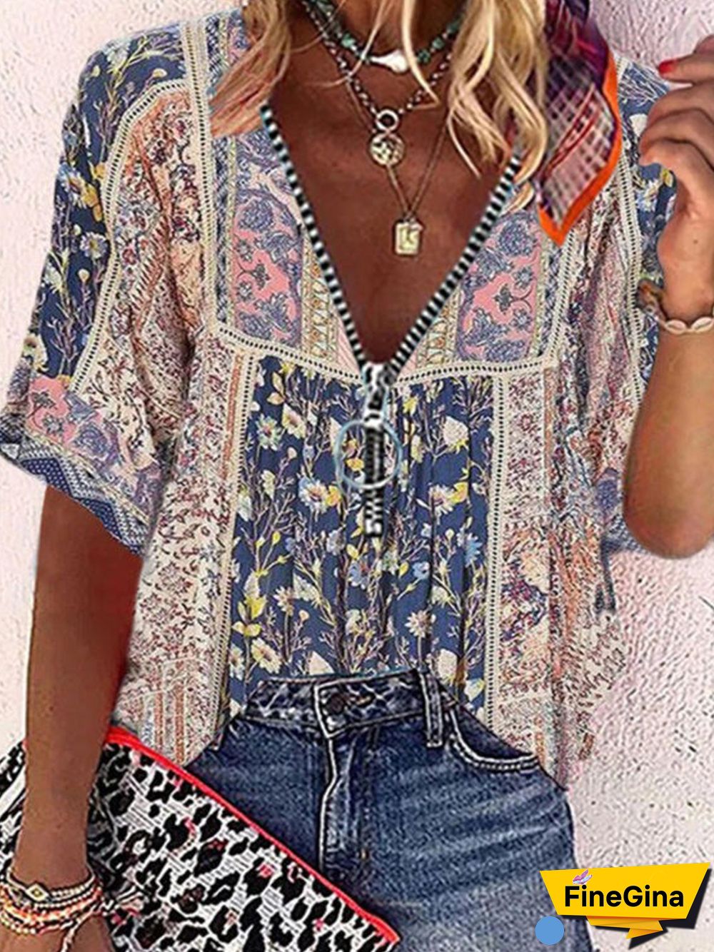 Vintage Short Sleeve V Neck Geometric Floral Printed Plus Size Casual Tops