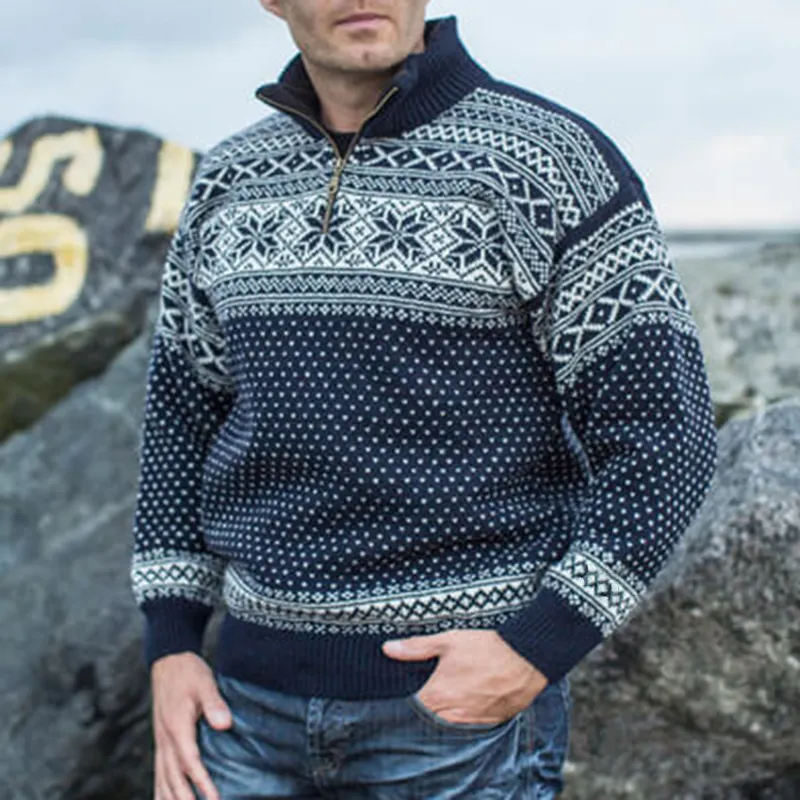 Vintage Warmth Norwool Knit Jacquard Icelandic Half Zip Collar Sweater（Unisex ）