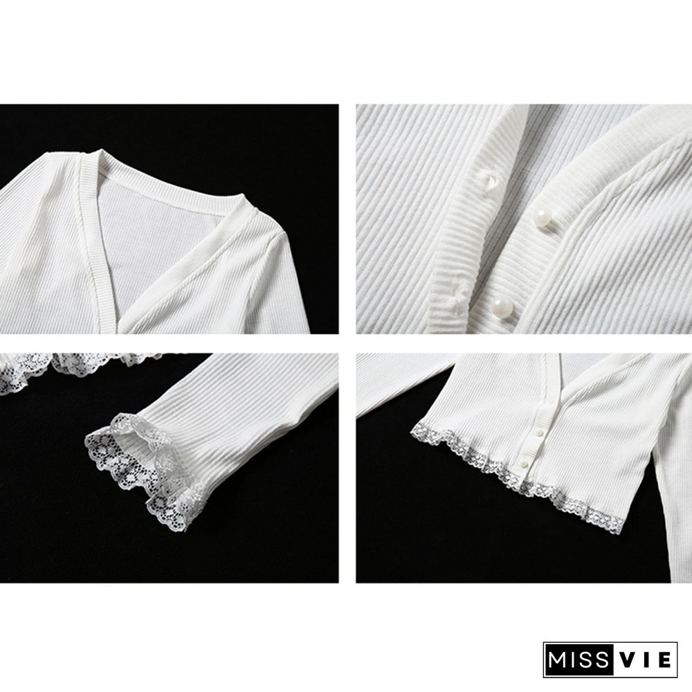 V-neck Long Sleeve Cardigan Lace Crop Top