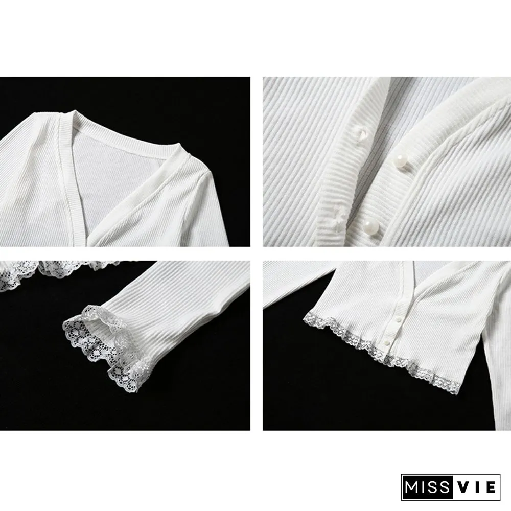 V-neck Long Sleeve Cardigan Lace Crop Top