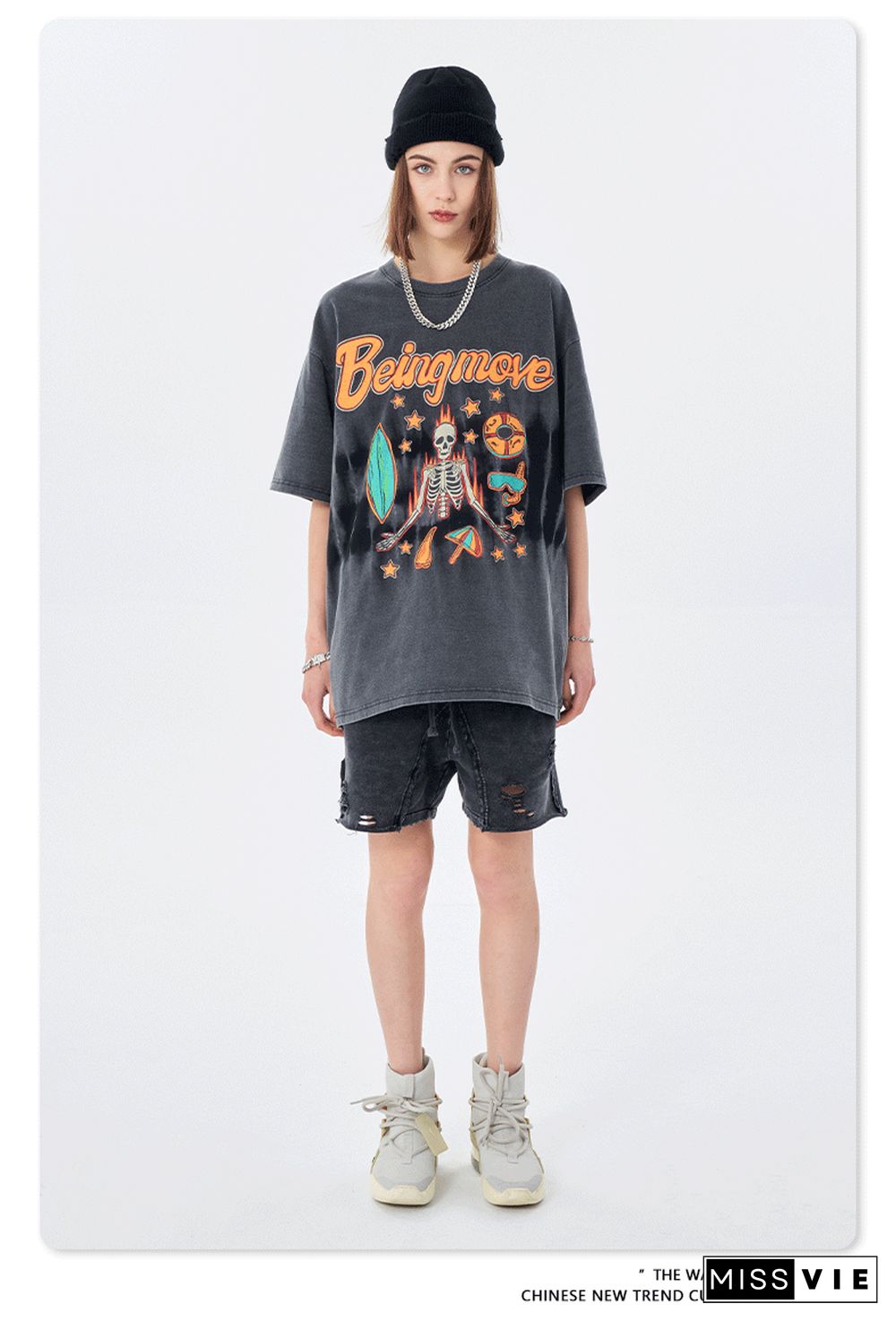 Fashion Vintage Round Neck Short Sleeve Skull Print Tee