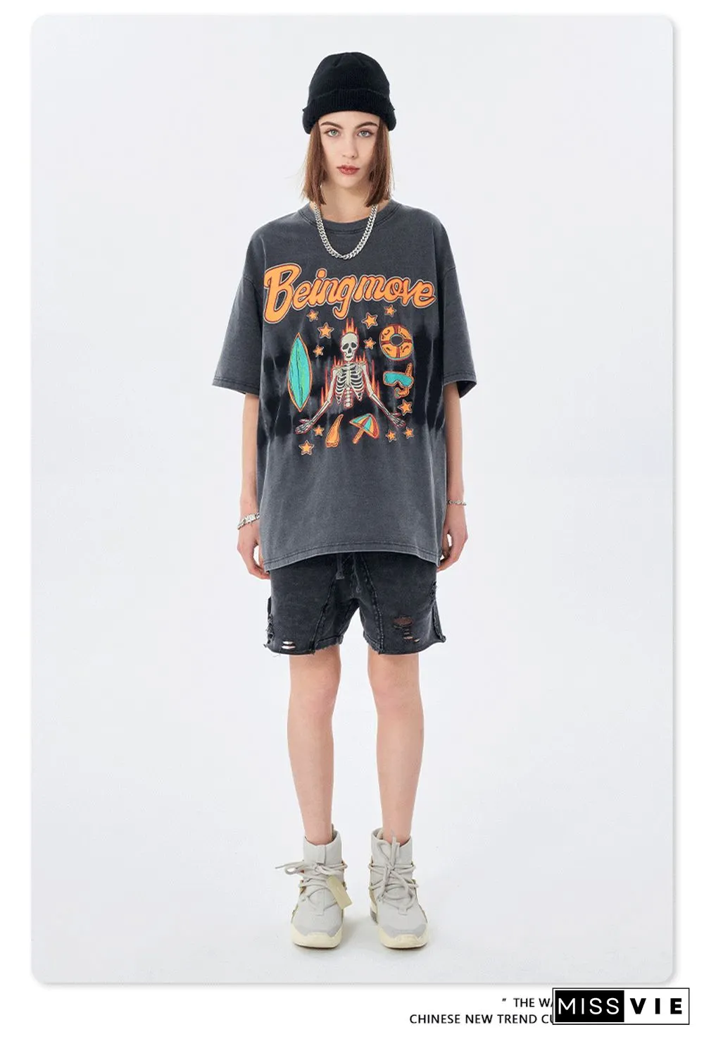 Fashion Vintage Round Neck Short Sleeve Skull Print Tee