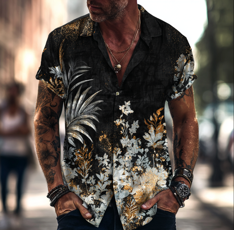 Bohemian Style Plant And Flower Pattern Men's Retro Cotton And Linen Short-sleeve Shirt  artssus