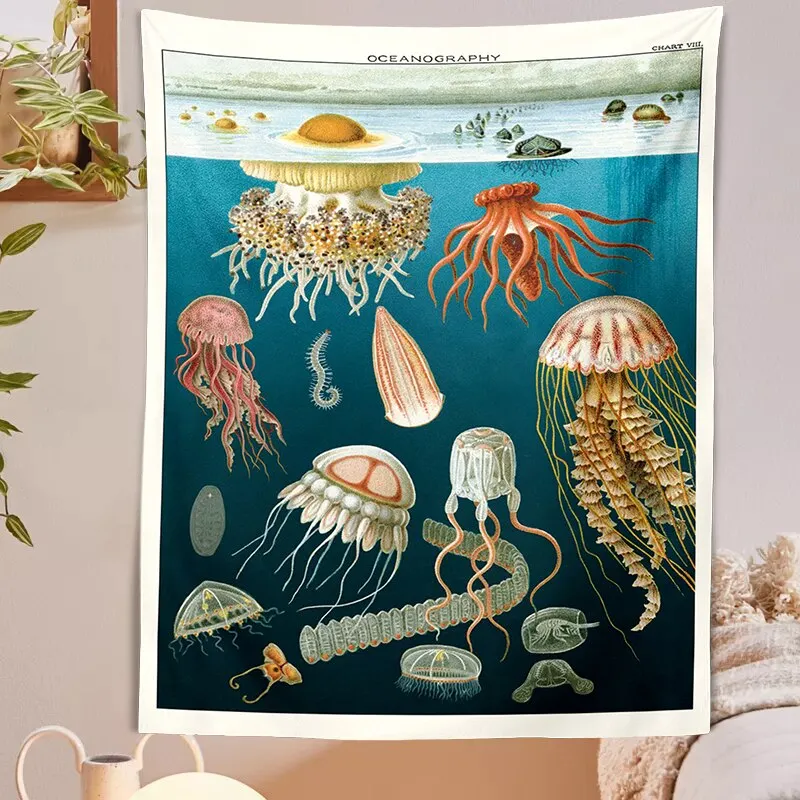 Vintage oceanography Illustration Tapestry Wall HangingRoom Decoration Aesthetic Illustrated Wall Decor Antique Wall Art