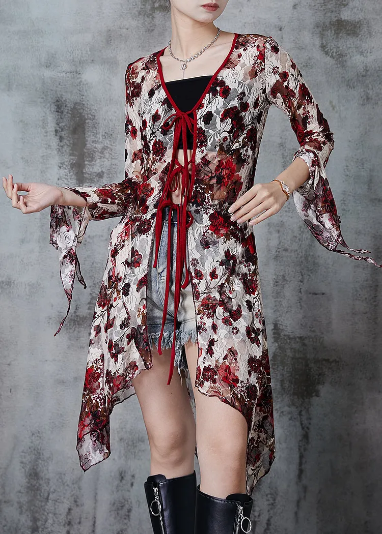 Red Print Chiffon Blouses Asymmetrical Lace Up Summer