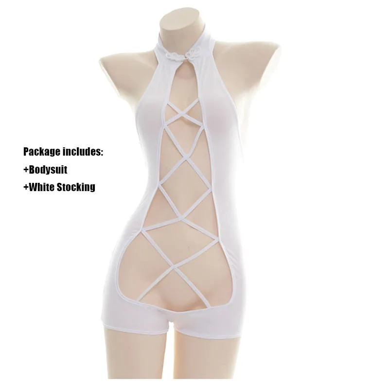 Sexy Black Hollow Out Bodysuit Swimsuit Anime Underwear Cosplay Costumes For Woman Open Front Teddy Role Play One Piece Outfit