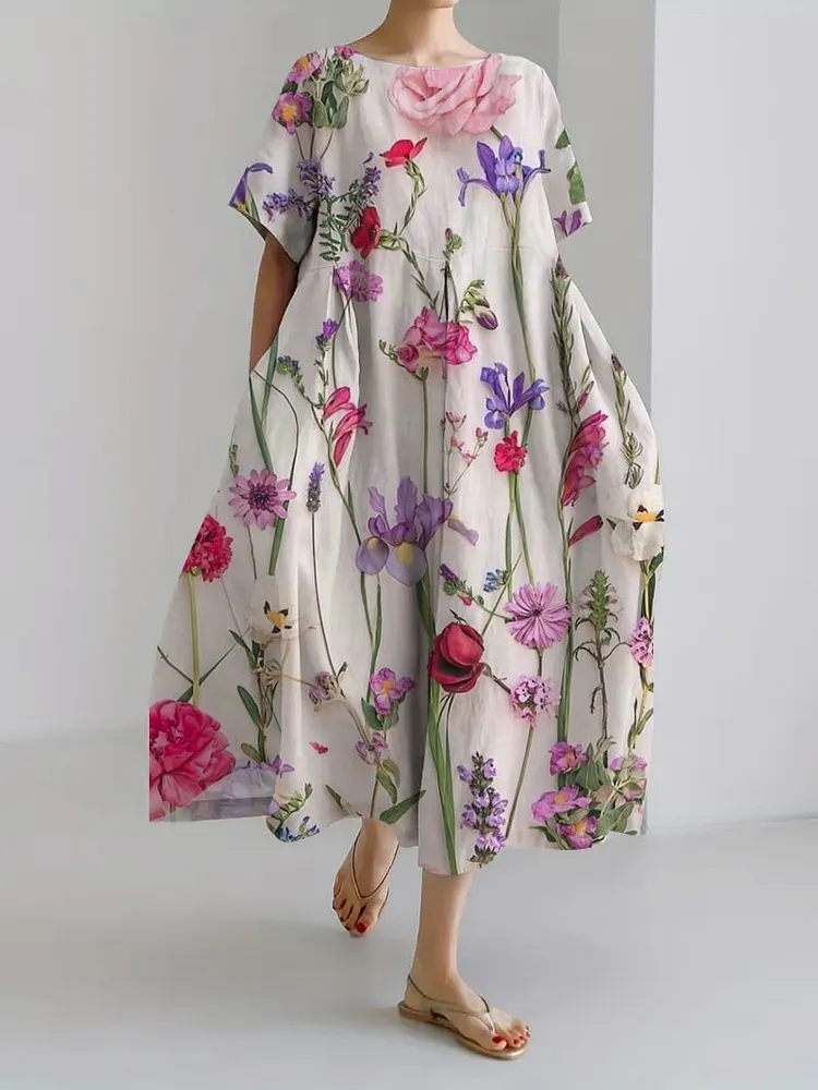 Women's Retro Botanical Floral Design Printed Casual Loose Dress