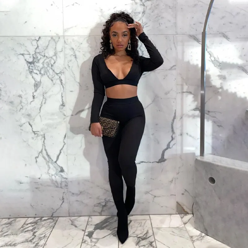 Hugcitar 2020 Long Sleeve Solid V-Neck Backless Skinny Tshirt Leggings 2 Piece Set Autumn Winter Women Sexy Streetwear Tracksuit