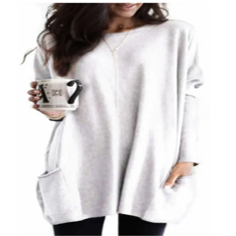 Brownm Autumn Pullover Casual Round Neck Long Sleeve Pocket T-shirt Top