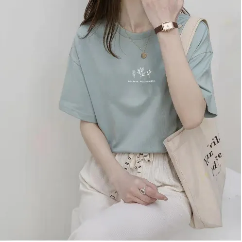 Brownm Brownm Sleeve Korean Round Collar T-Shirt Female 2024 Summer Loose Plant Print Casual Solid Color Student Half Sleeve Top Tide