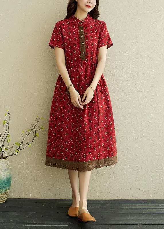 Women Red Print stand collar Robe Summer Cotton Dress