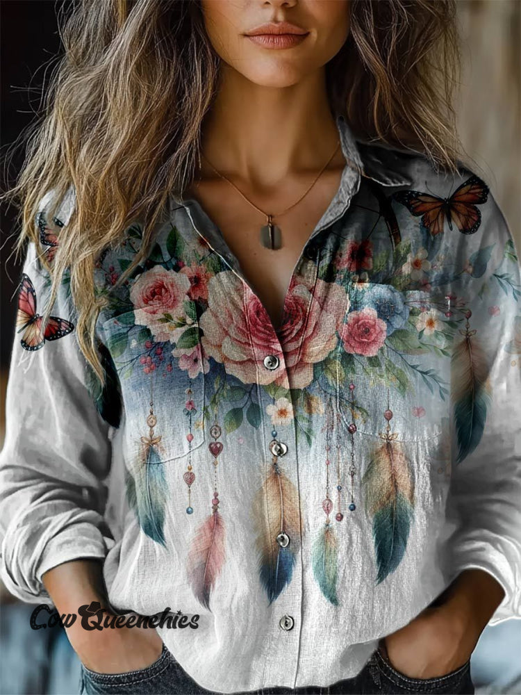 Women&rsquo;s Feathers And Flowers Print Casual Long Sleeve Comfortable Cotton Shirt Multicolor / S