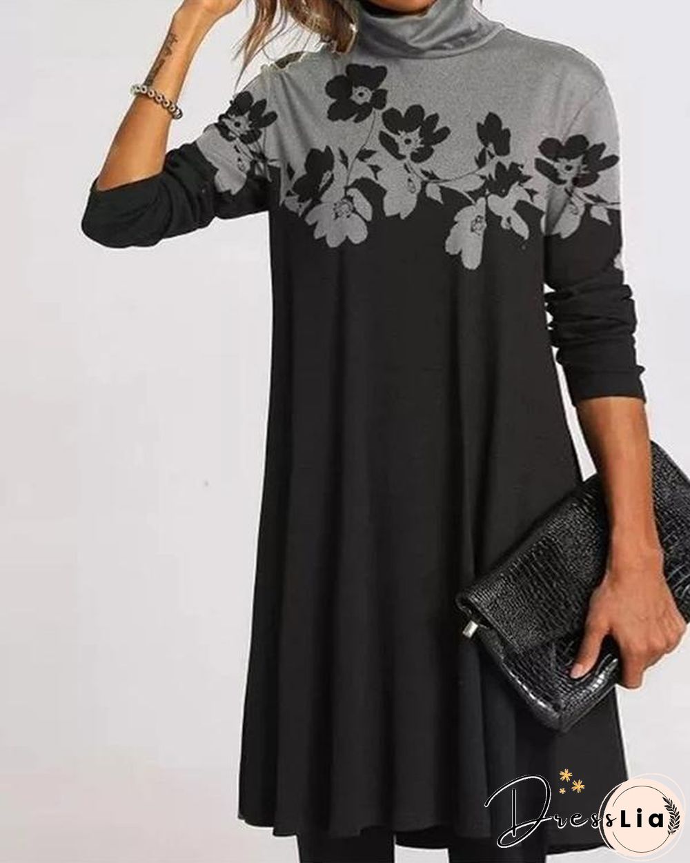 Casual Plus Size Color Block/Floral Tunic High Neckline Shift Dress