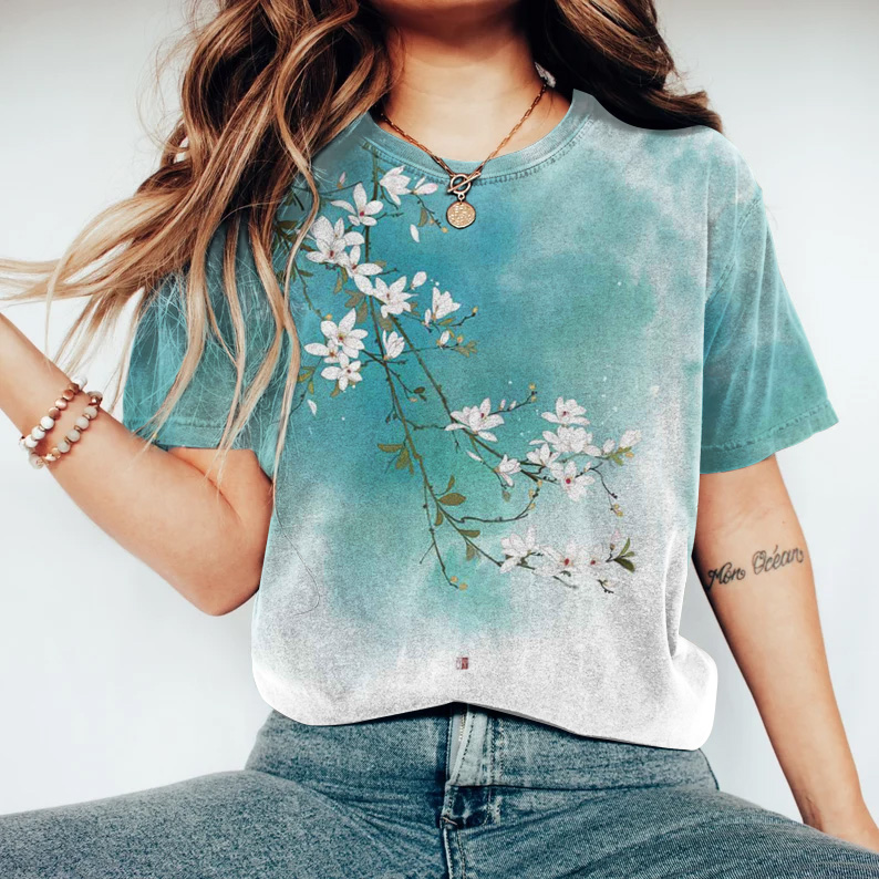 Vintage Floral Blossom Japanese Art Round Neck Casual T-Shirt