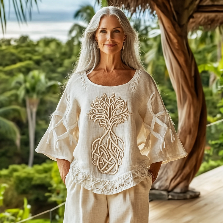 Womens Viking Tribal Tree Of Life Celtic Design Linen Shirt