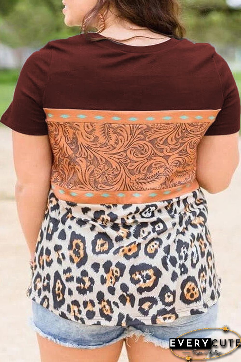Marble Print Buckstitch Splicing Color Block Plus Size T-shirt