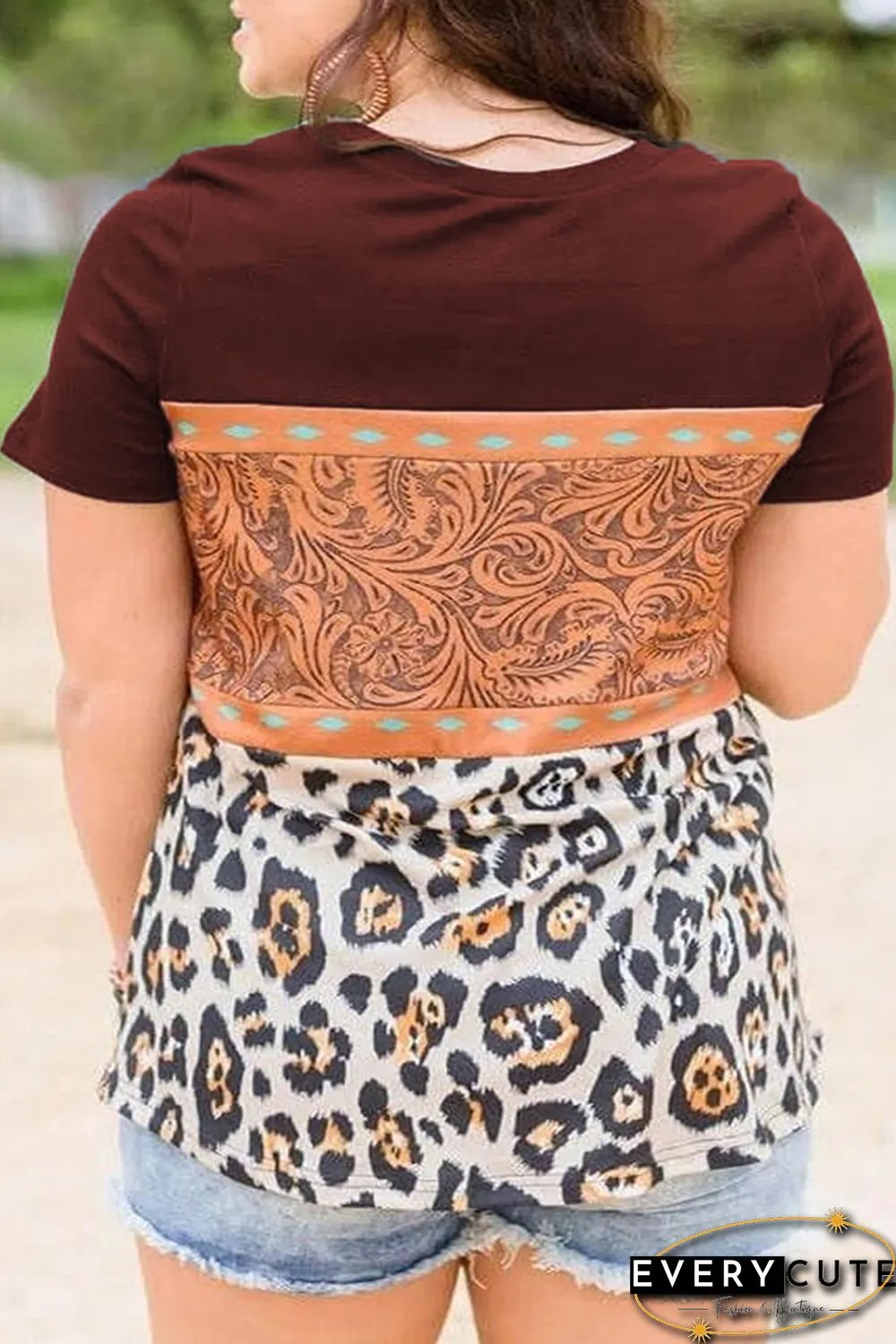 Marble Print Buckstitch Splicing Color Block Plus Size T-shirt
