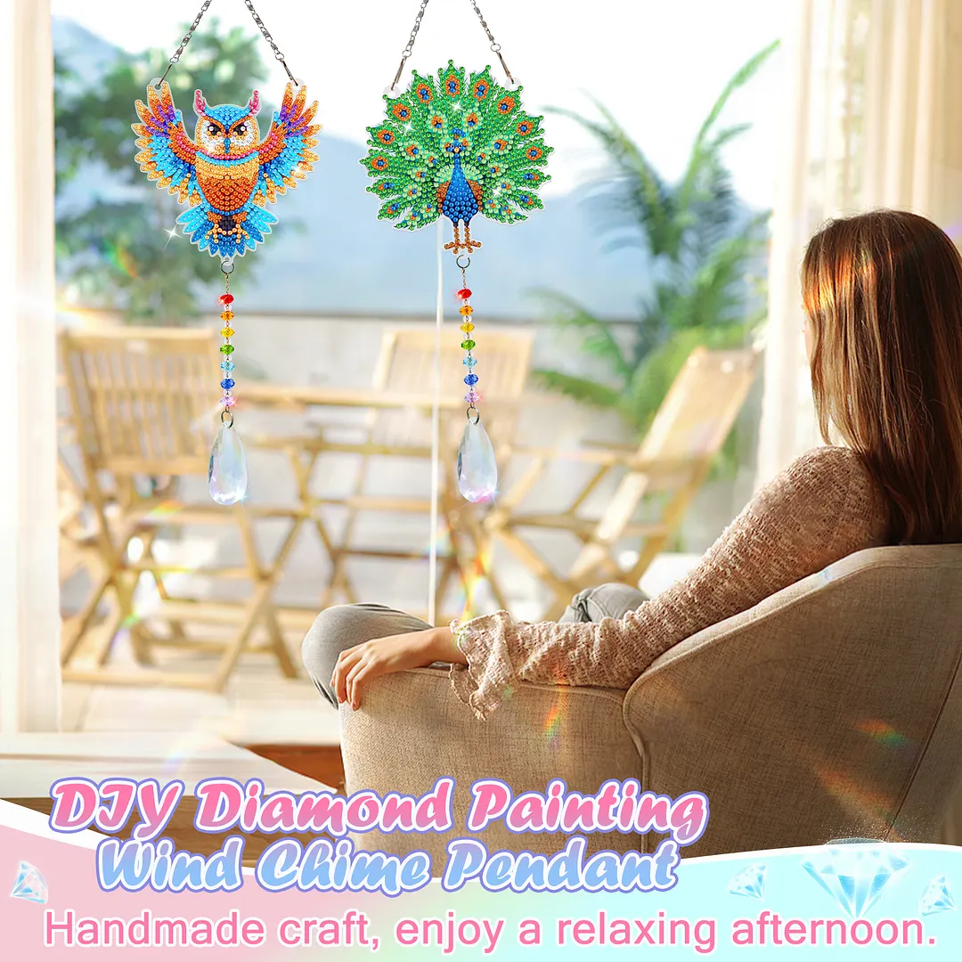 2Pcs Owl Peacock DIY Double-Sided Diamond Painting Hanging Kits Diamond Painting Suncatcher Craft Kit for Home Garden Wall Decor Gift