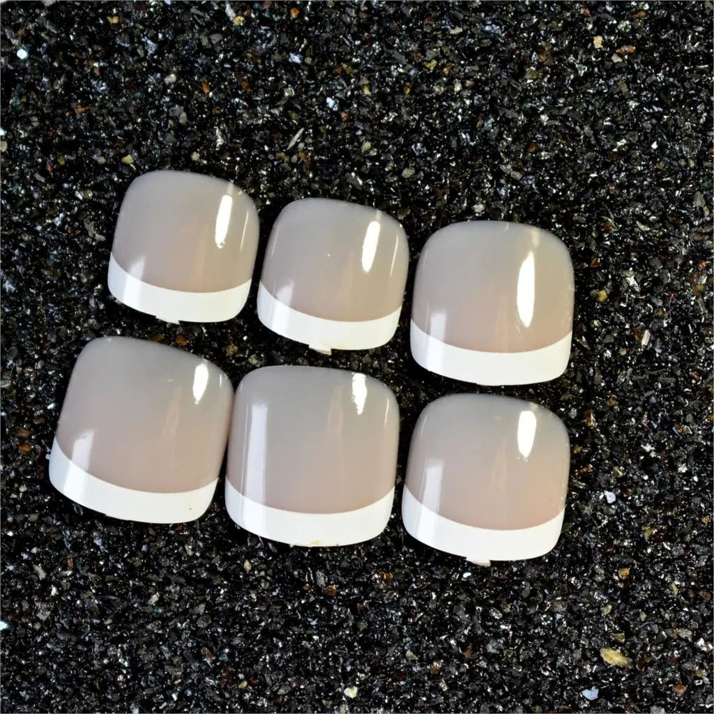 Beige White French Nails Acrylic Nude Toe Nails Shiny Surface Toenails Tips Decoration Designed Fake Nails 24pcs/kit-Nail Inspo