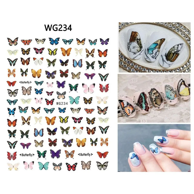 1pc Holographic Blue Nail Stickers Pink Colorful Butterfly Art Sticker With Adhesive DIY Extension Flowers Rose Nail Decoration-Nail Inspo