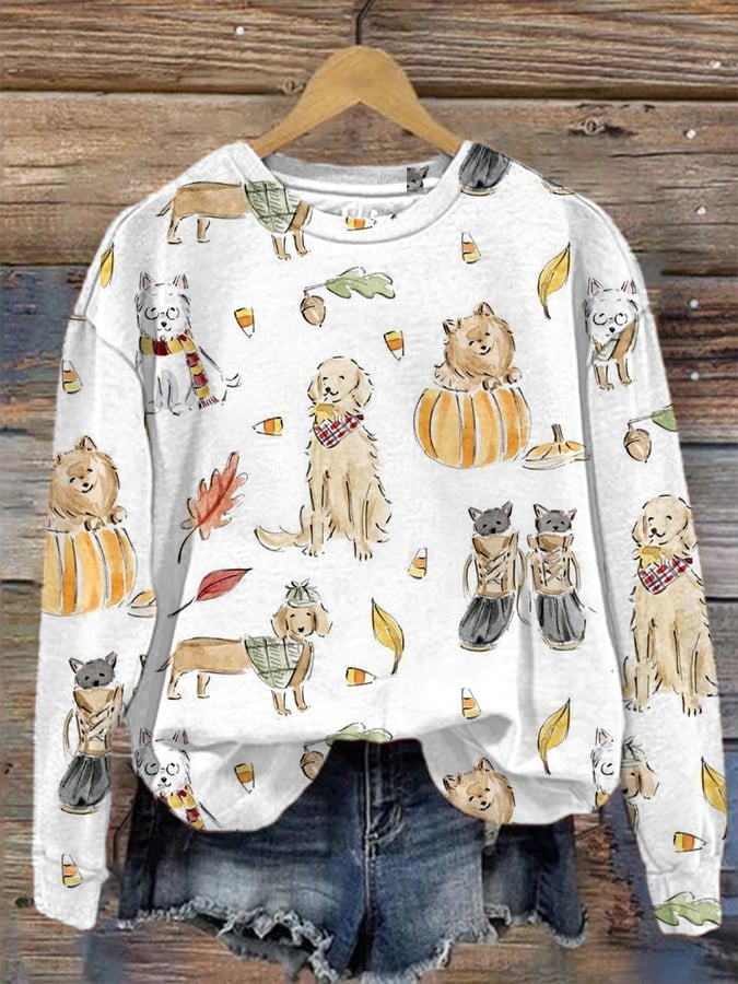 Women's Autumn Cat And Dog Print Hooded Sweatshirt