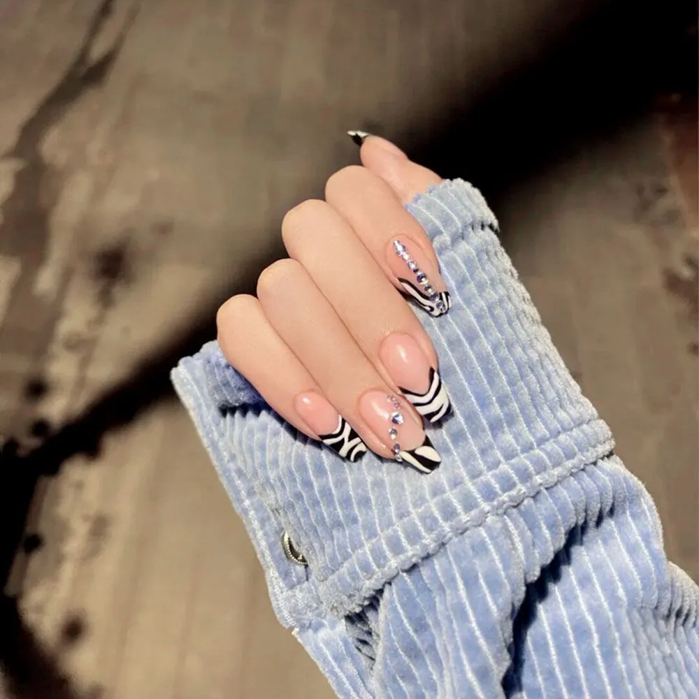 24pcs Extra Long Matte Fake Nails Ballerina Coffin Dark Blue Colorful Rhinestone Decals False Nails with designs Nail Art-Nail Inspo