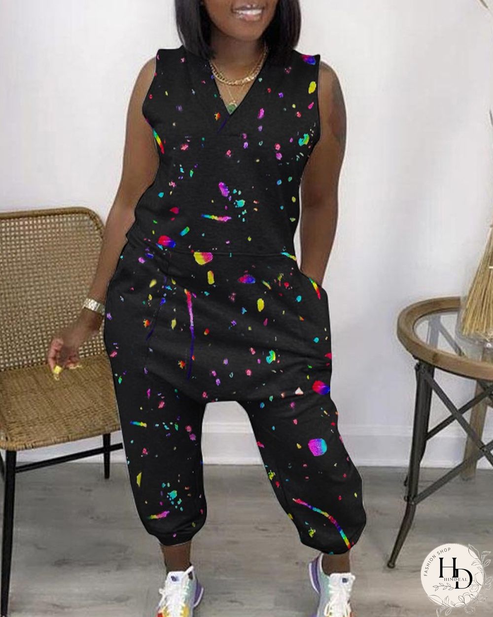 Ink Splashed Floral Printed Sleeveless Pocket Design V-Neck Jumpsuit