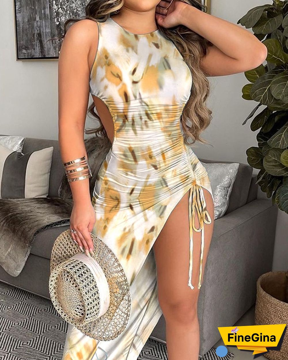 All Over Print Drawstring Ruched Slit Thigh Tank Dress