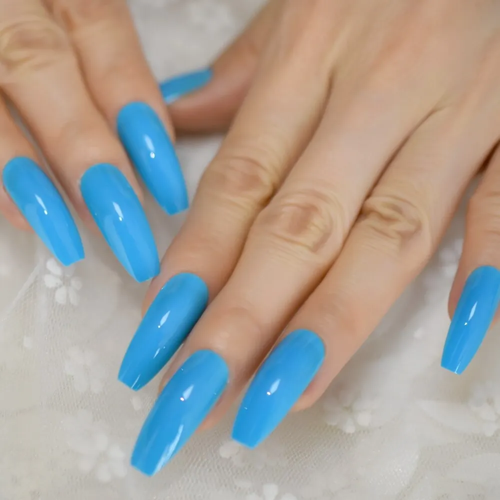 Sapphire Color Glossy Sapphire Chrome Medium-Short Nails Full Cover Nails Square Press On Nails Tips Fingernails Art EchiQ 24pcs-Nail Inspo