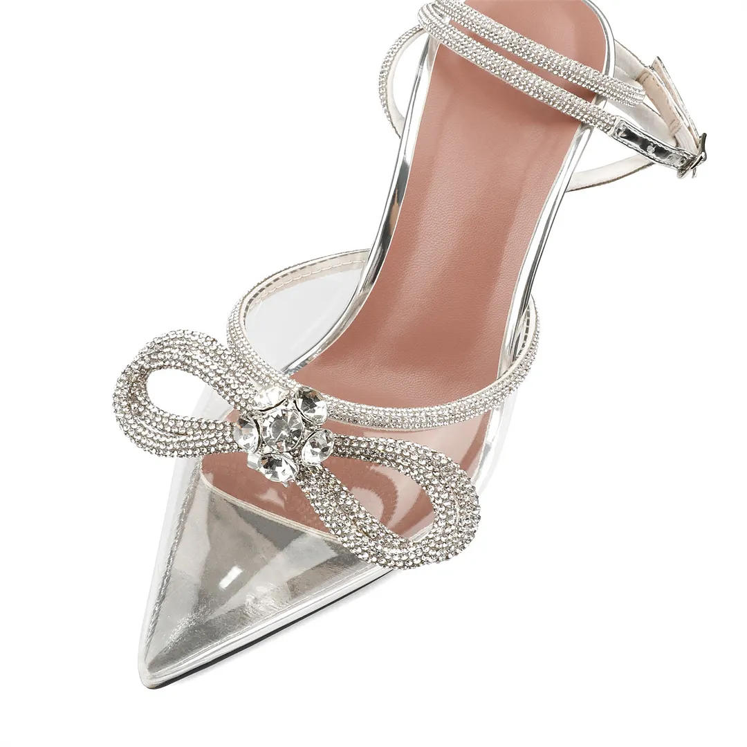 9.5cm/3.74 Double Bow Crystallized High Pums Pointed Toe Strappy Transparent Sandals Wedding Shoes