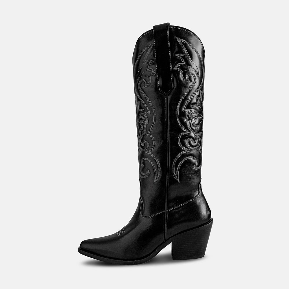 Black Vegan Leather Embroidered Heeled Wide Calf Knee High Cowgirl Boots