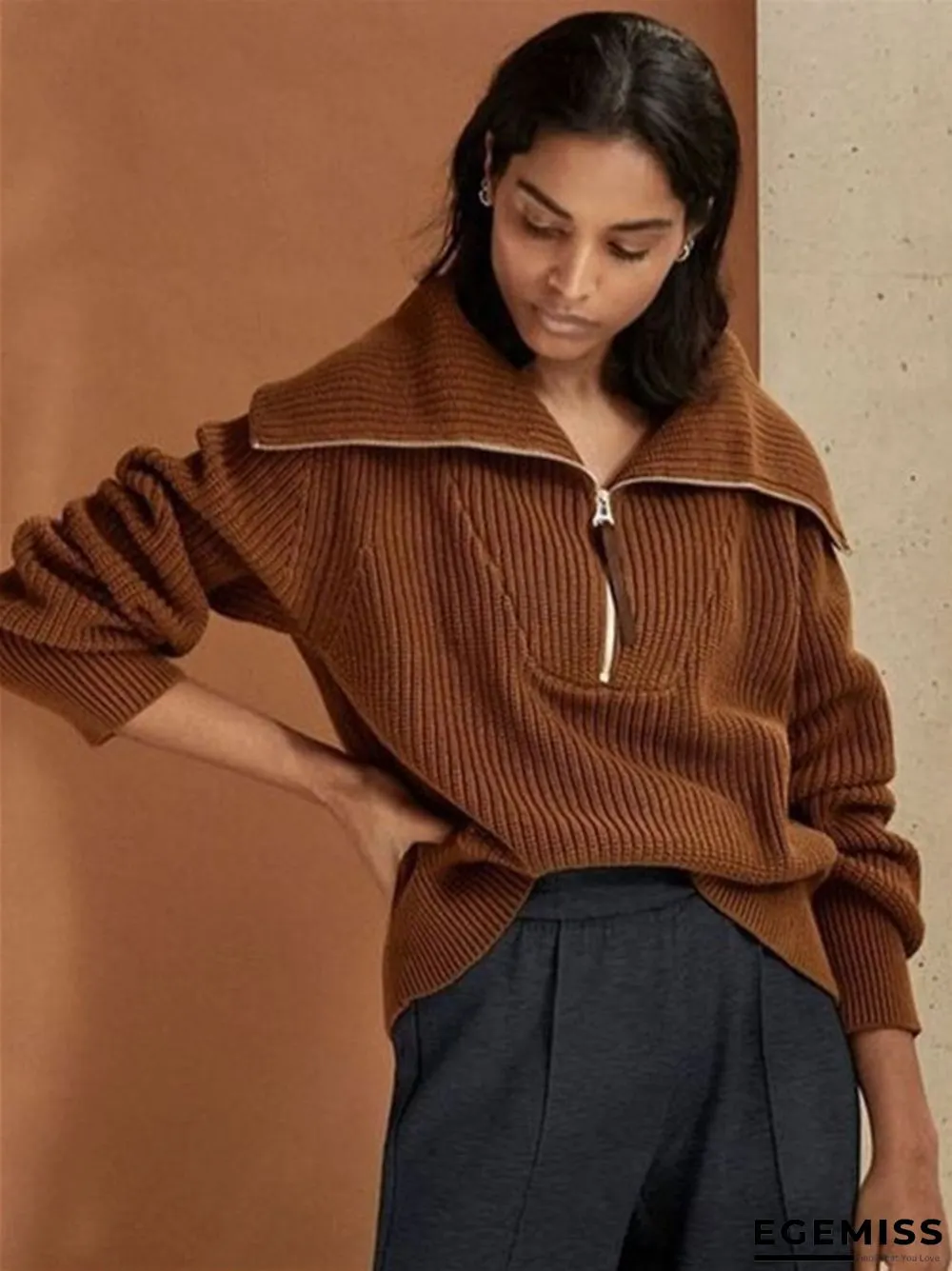 Solid Color Zipper Wide Neck Fashionable Casual Sweater | EGEMISS