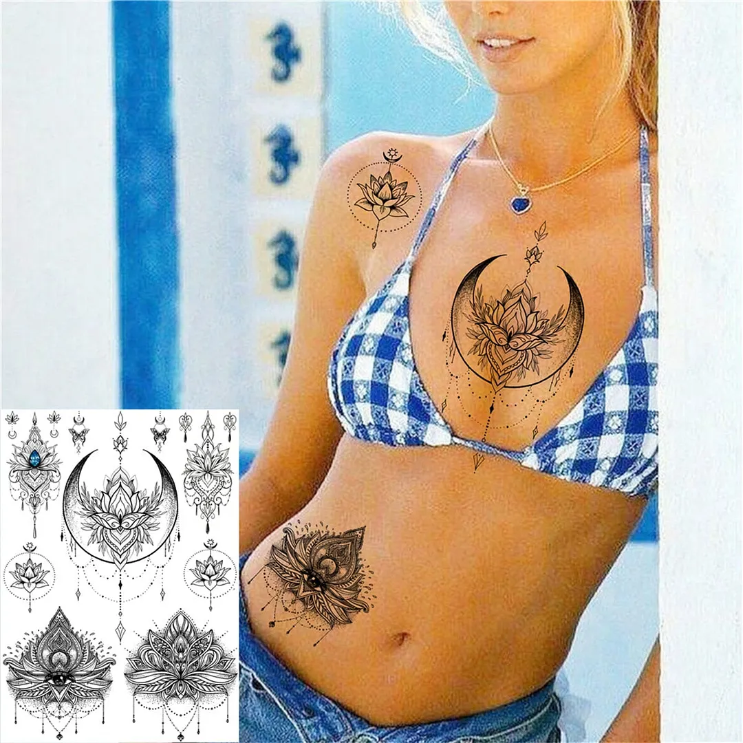 Sexy Black Henna Temporary Tattoos For Women Girls Lotus Flower Lace Tattoo Sticker Fake Jewelry Mandala Body Chest Tatoos Paper