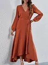 Stylish Solid Color Asymmetric Bandage Split-Side Long Sleeves V-Neck Midi Dress