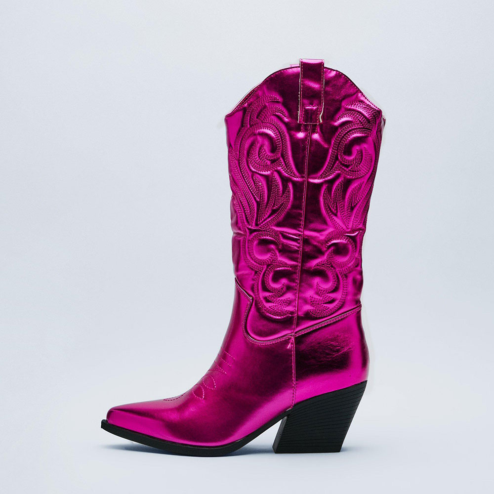 Fuchsia Metallic Pointed Toe Embroidered Wide-Calf Cowgirl Boots