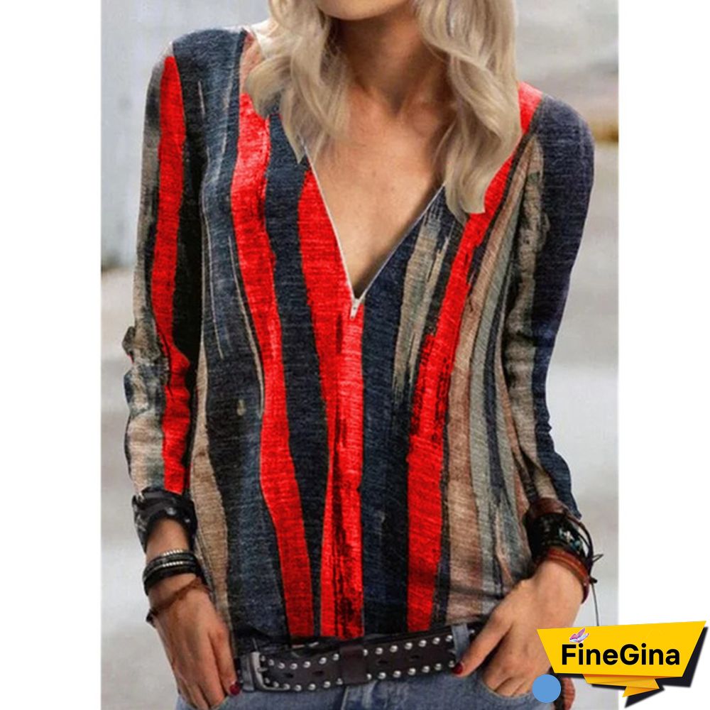 Women's Fashion Plus Size Loose Tops Stripes Printed Deep V-neck Blouse Long Sleeve T-shirt