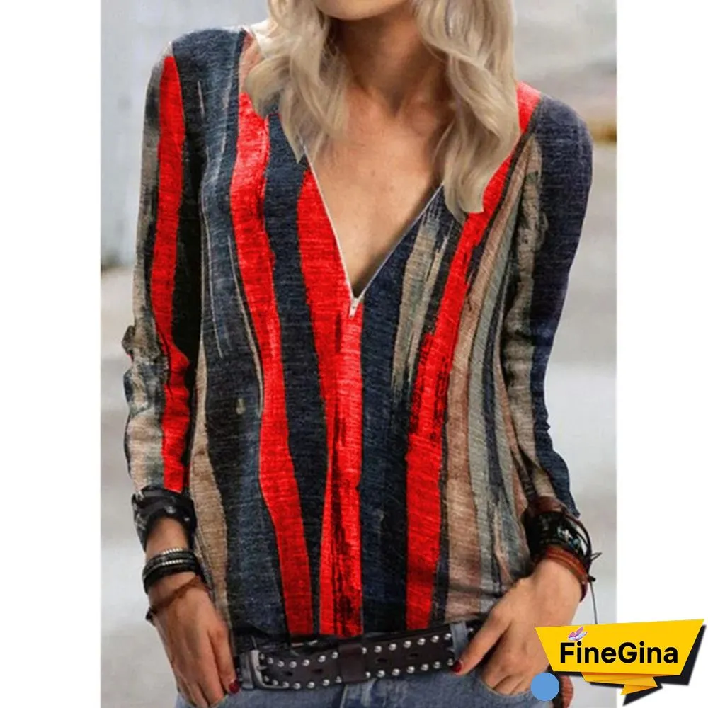Women's Fashion Plus Size Loose Tops Stripes Printed Deep V-neck Blouse Long Sleeve T-shirt