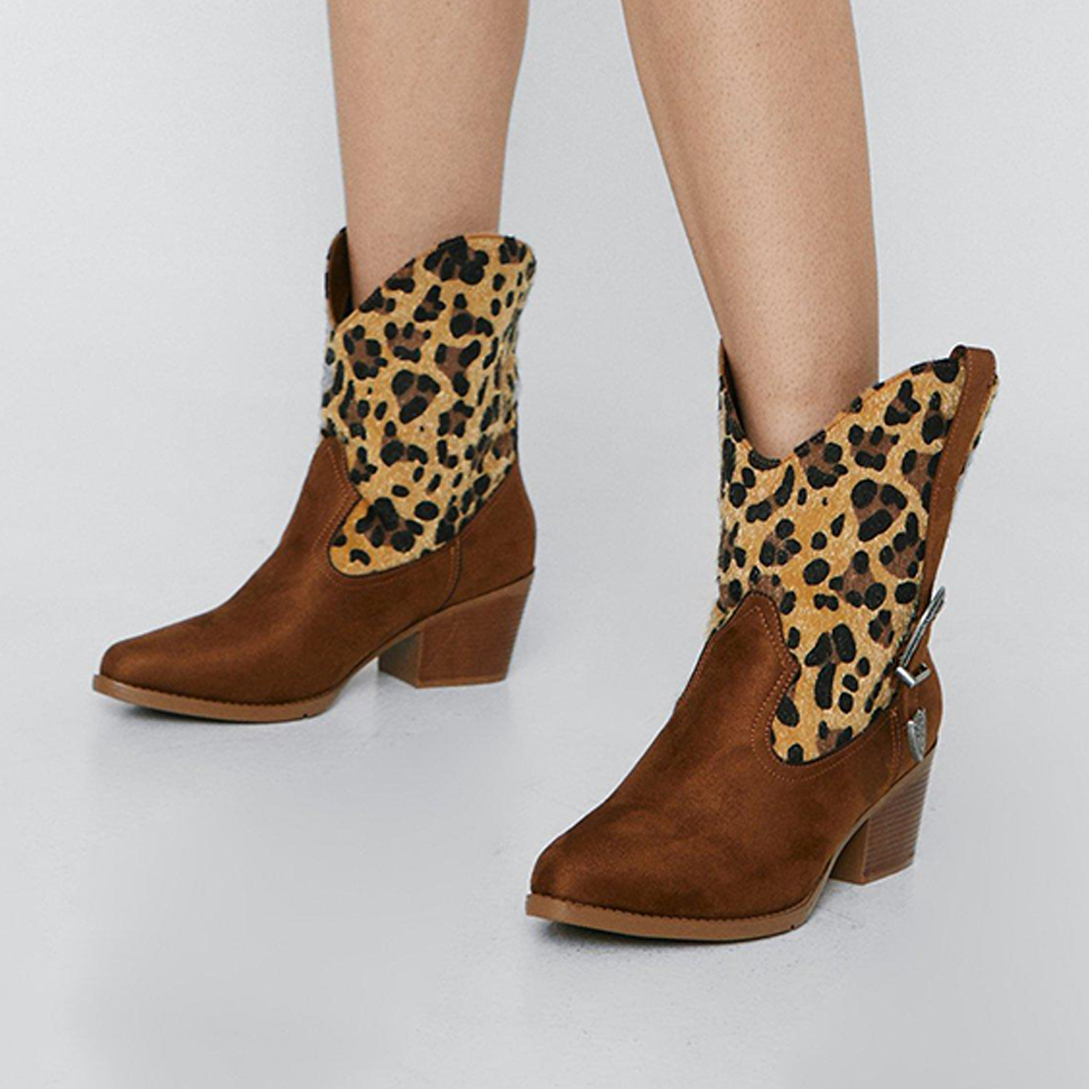 Women's Brown Leopard Print Splicing Chunky Heel Short Cowgirl Boots Nicepairs