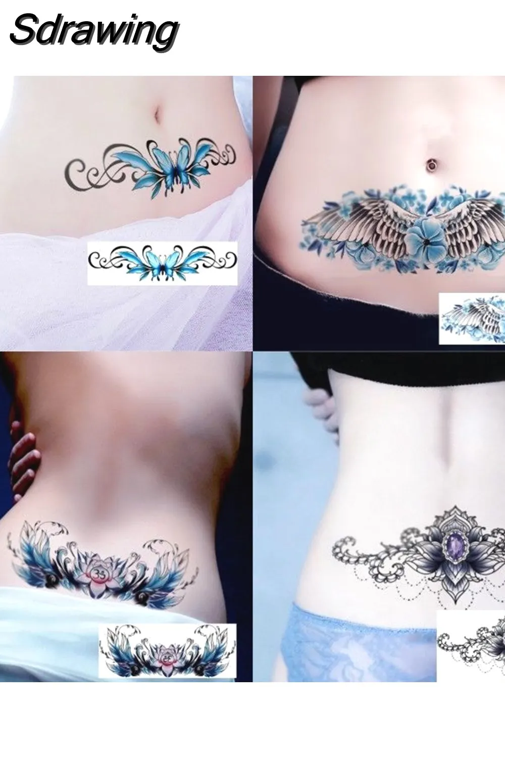 Sdrawing 4/5/9/10/18 PIeces Long Lasting Blue Flower Jewelry Tattoo Sticker Sexy Belly Block Scar Stretch Marks Waterproof Tattoo Sticker 715-1
