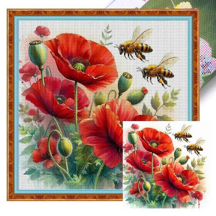 【Mona Lisa Brand-Cotton】Poppies And Bees&nbsp;(40*40cm)&nbsp;11CT&nbsp;Stamped&nbsp;Cross&nbsp;Stitch gbfke